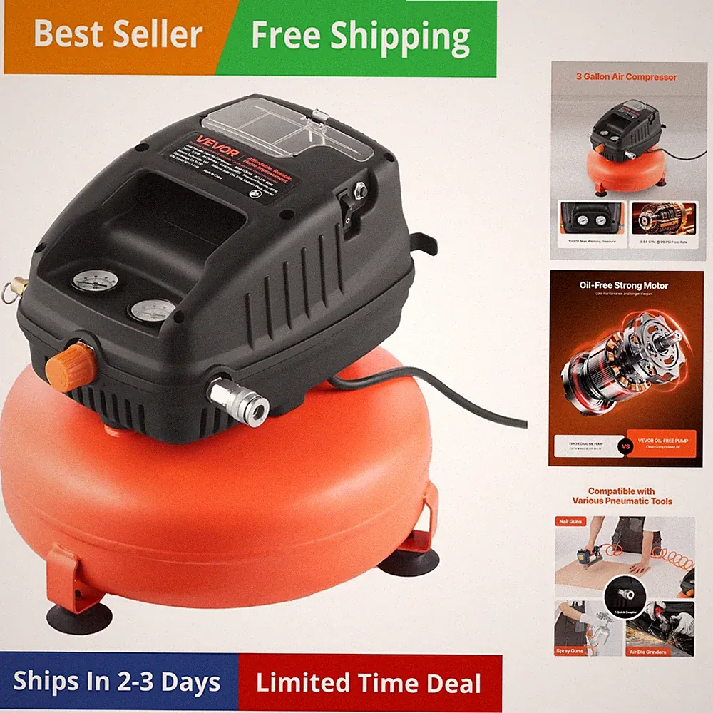 1/3HP 0.54CFM @ 90PSI Portable Pancake Air Compressor & 100PSI Max Working Pr...
