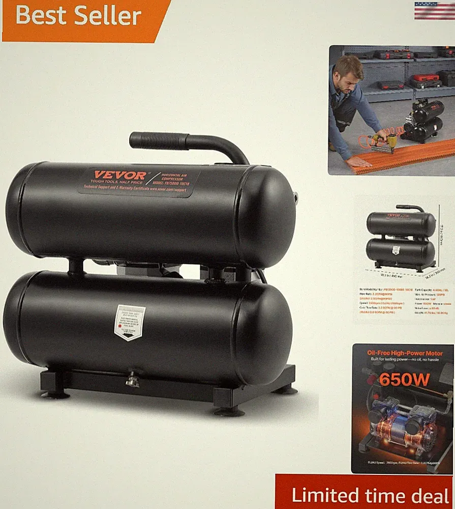 1HP Ultra Quiet Air Compressor, 4.6 Gallon Capacity for Tire & Auto Repair Needs