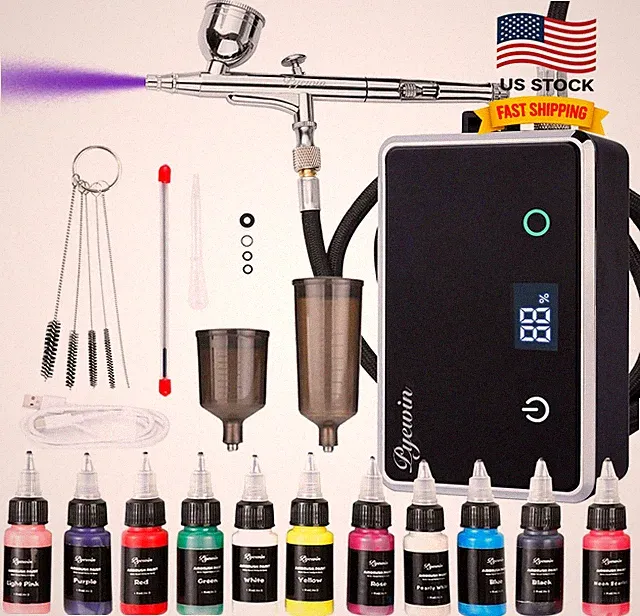 Cordless Airbrush Kit w/ Compressor, Dual Action Trigger, 70" Hose, 20-32 PSI