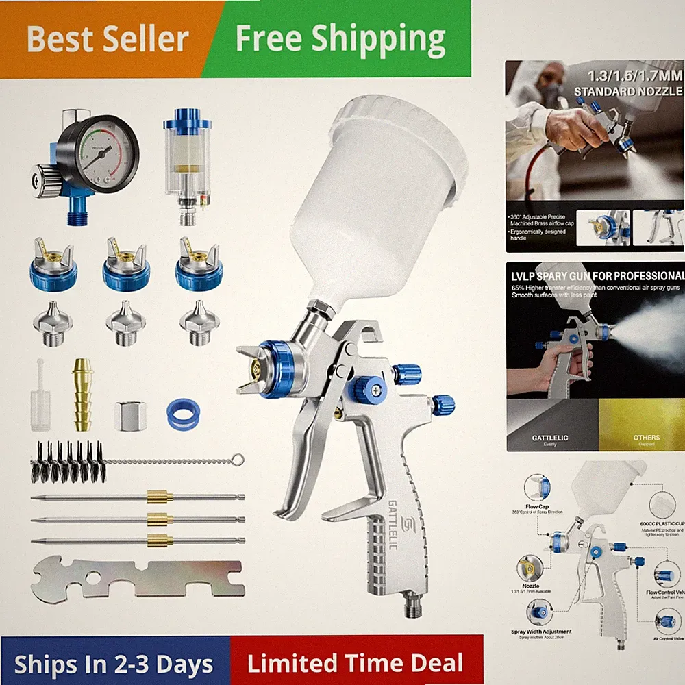 LVLP Air Spray Gun Kit with 1.3/1.5/1.7mm Nozzle & Air Regulator,Automotive...