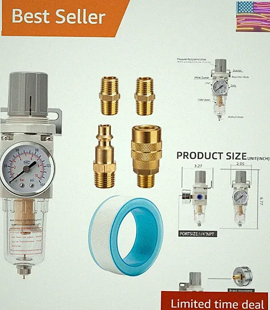 Pneumatic Air Compressor Filter Regulator Combo 1/4" NPT 150 PSI w/Adjustable...